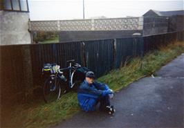 Fergus looking rather wet and miserable outside Borth youth hostel